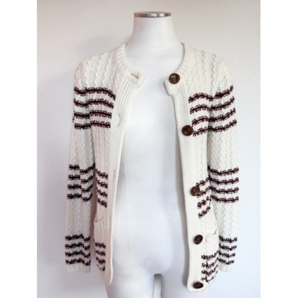 Vintage Majestic Knitwear Cream + Brown Striped Cable Knit Cardigan Sweater M